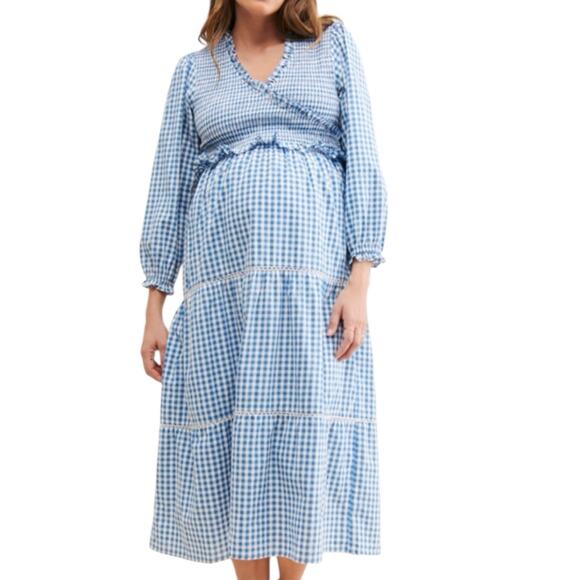 Frances Hart Maternity Ines Dress Blue Gingham Plaid Smocked Midi Dress Size XS